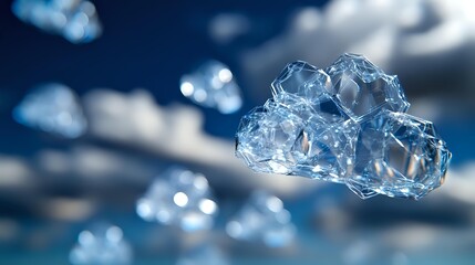 Translucent cloud shapes floating in deep blue sky with soft focus background creating ethereal atmospheric effect. Concept of cloud computing and data storage.