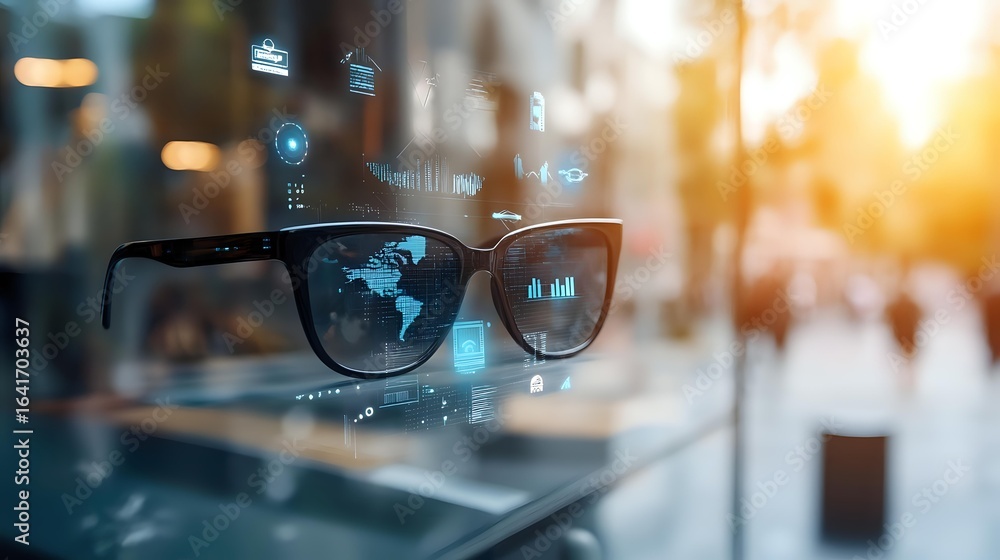 Aufkleber futuristic smart glasses displaying holographic business data and world map interface against blurre