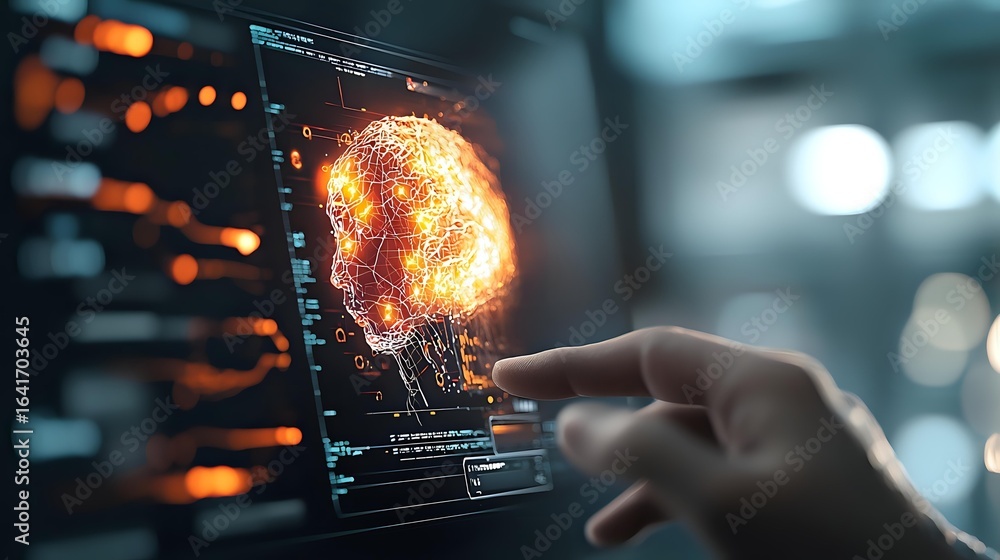 Poster futuristic holographic display showing glowing orange skull projection with hand interaction against