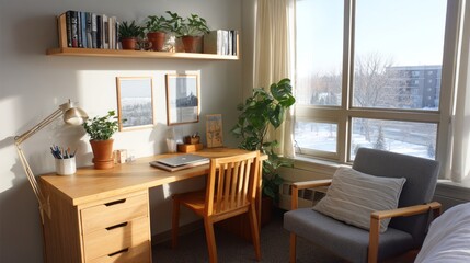 Cozy sunlit home office with wooden desk and indoor plants by window in winter. Organizing a Stress-Free Study Space. concept of peaceful productivity