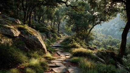 A daytime forest scene under a bright sky, showcasing the natural beauty of the trees and sunlight.