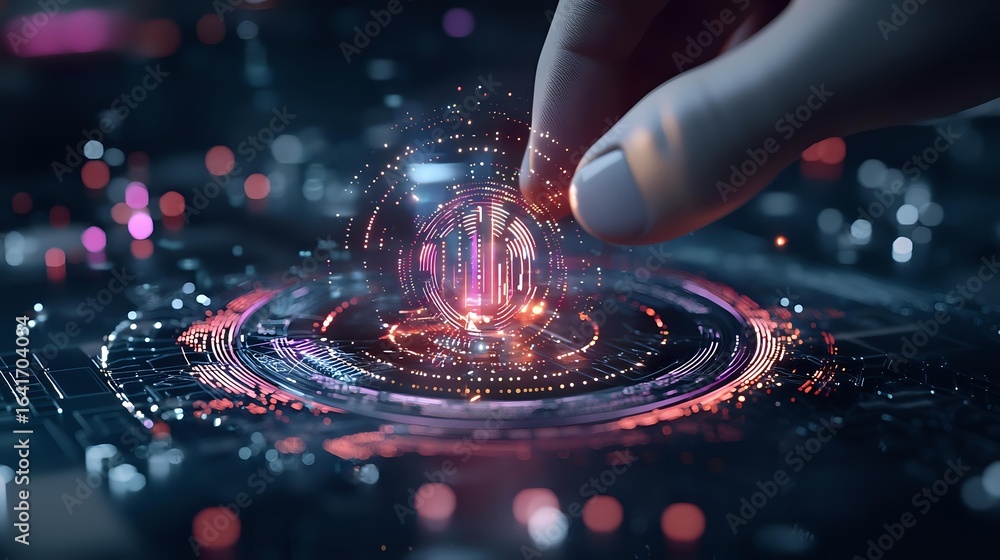 Aufkleber futuristic digital hologram with glowing red and blue circles activated by finger touch on dark surf