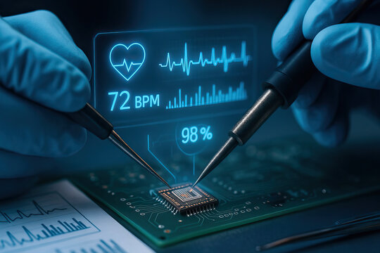 Microchip repair with medical data overlay showing heart rate and oxygen level, highlighting advanced technology and precision in electronics and healthcare monitoring