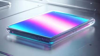 Futuristic Transparent Smartphone with Luminous Neon Gradient Screen on a Sleek Metal Surface