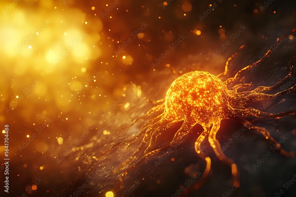 Poster glowing orange virus cell with extending tendrils against dark background with bokeh particles, depi