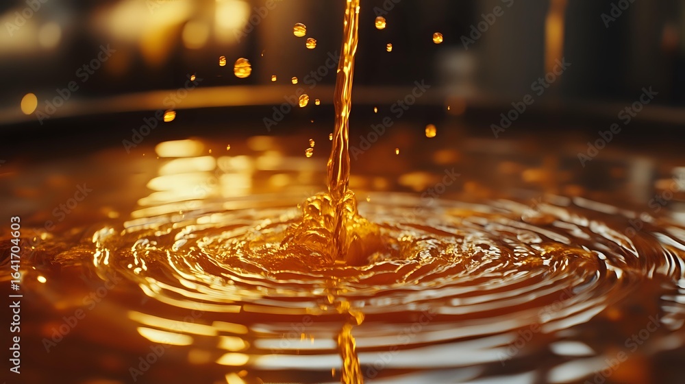 Poster liquid stream pouring into golden-brown fluid creating concentric ripples and splash with bokeh ligh