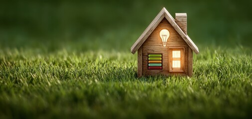 The wooden house with a glowing lightbulb on a vibrant green lawn.