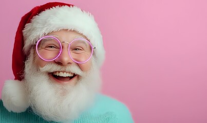 Cheerful senior man in Santa hat and pink glasses smiling broadly against pink background, wearing mint green sweater. Festive holiday portrait showing joy and warmth.