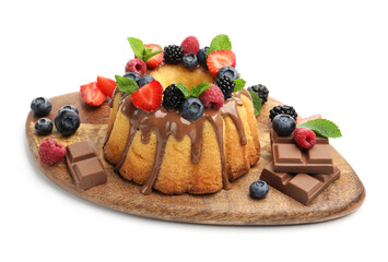 Tasty Bundt cake with berries, chocolate and mint isolated on white