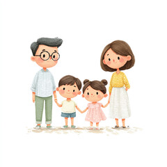Watercolor Family Portrait Father Mother Son and Daughter Holding Hands