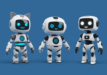 Three adorable white robots with glowing blue and white eyes stand ready to assist, exuding a friendly and futuristic vibe perfect for technology and innovation themes.
