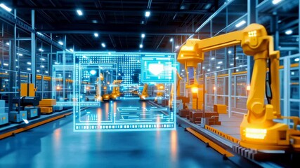 Modern industrial facility with yellow robotic arms on production line, digital holographic interface displaying technical data, blue-toned high-tech environment with automated machinery - Powered by Adobe