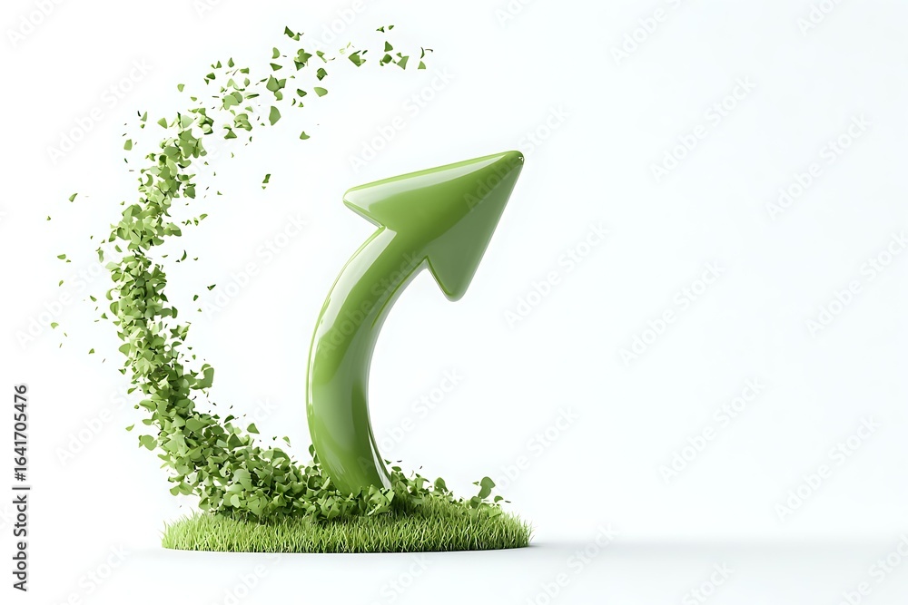 Poster green upward arrow emerging from grass with swirling particles creating dynamic motion effect on whi