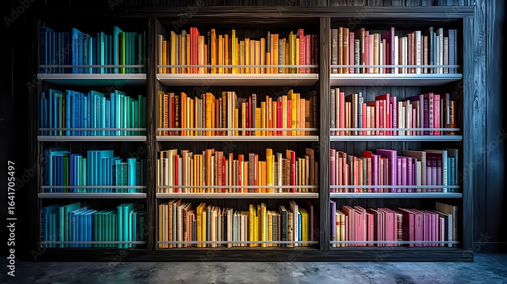 Poster books arranged by color in wooden bookshelf creating rainbow spectrum pattern from blue through yell