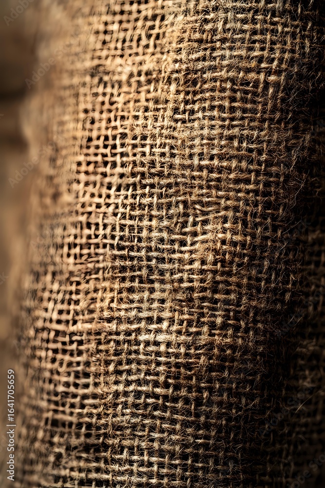 Aufkleber natural burlap fabric macro texture showing detailed woven jute fibers in brown tones, suitable for 