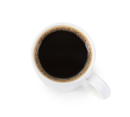 Aromatic coffee in cup isolated on white, above view