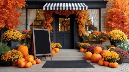 Charming Cafe Entrance Decorated with Vibrant Autumn Leaves and Pumpkins in a Cozy Seasonal Atmosphere