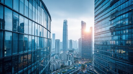 Fototapeta premium Modern Cityscape Panorama with Contemporary Architecture, Urban Skyline and Reflections at Sunset