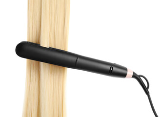 Straightener with blonde hair lock isolated on white