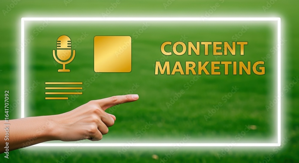 Poster content marketing strategy presentation with hand pointing to digital display on green background