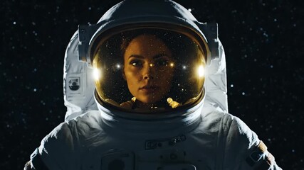 Determined Female Astronaut Gazing into the Infinite Cosmos During a Spacewalk - Powered by Adobe