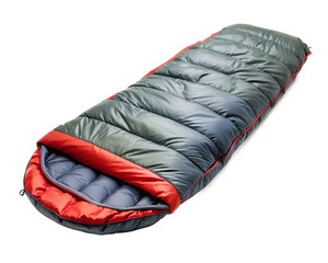 Gray and red sleeping bag for camping and outdoor adventures, isolated on transparent background
