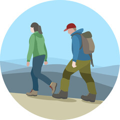 A hiking couple. Day trip in the wild. Two people exploring the the wild outdoors for a day. Circular.