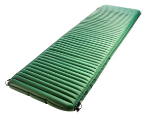 Green inflatable sleeping pad for comfortable outdoor camping and hiking, isolated on transparent background
