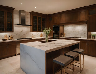 Modern Kitchen Interior With Marble Island And Bar Stools, Stock Photo