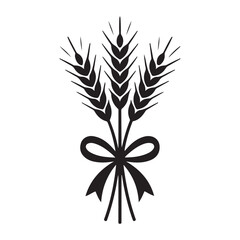 Simple wheat bundle tied icon with a decorative bow. Vector black silhouette. with white background.