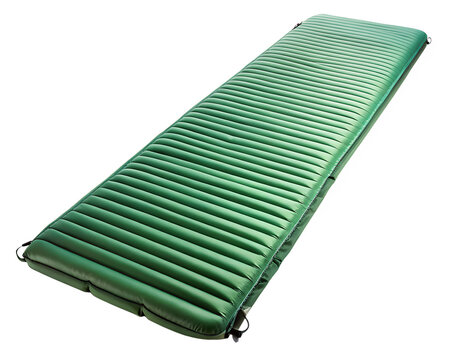 Green inflatable sleeping pad for comfortable outdoor camping and hiking, isolated on transparent background