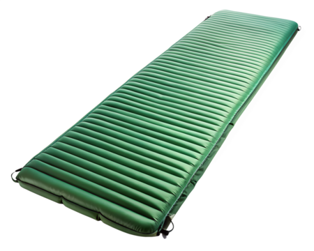 Green inflatable sleeping pad for comfortable outdoor camping and hiking, isolated on transparent background