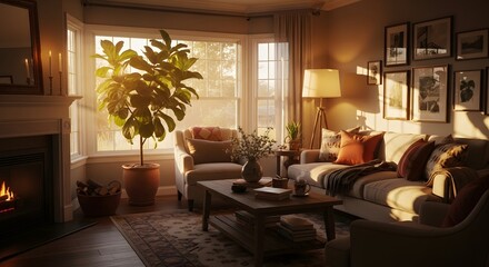 Fototapeta premium Cozy Living Room Sunset View (AI Generated)