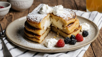 Syrniki, golden brown Russian cheese pancakes arranged in a natural slightly irregular stack dusted lightly with powdered sugar