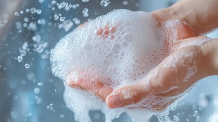 Fototapeta premium A pair of hands holds bubbly soap, surrounded by water droplets, emphasizing cleanliness and hygiene in a bright, refreshing atmosphere.