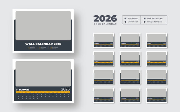 2026 desk calendar design template | Week starts on Sunday | 12-month planner for work or study | Printable, editable vector layout for office use