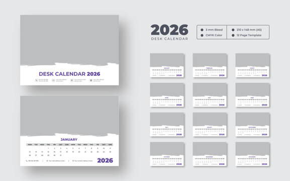 2026 desk calendar planner | Clean monthly layout with Monday start | Printable vector for organized workspace