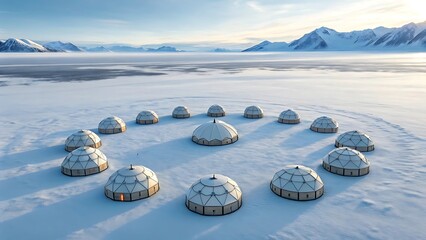Arctic Domes in Snowy Landscape with Mountains and Frozen Sea Offering Unique Cold Climate Accommodation for Adventure Seekers