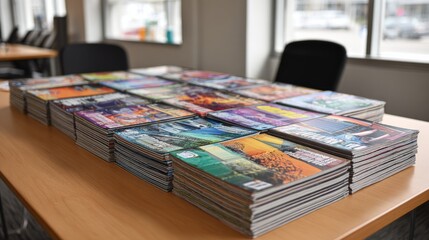 Variety of club flyers and sports brochures. Piles of colorful magazines stacked on a polished wooden table in a modern office, concept of media collection.