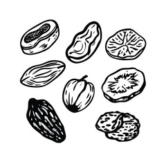 Dried Fruits Woodcut Vector Set - Minimalist Engraved Illustrations for Healthy Snacks