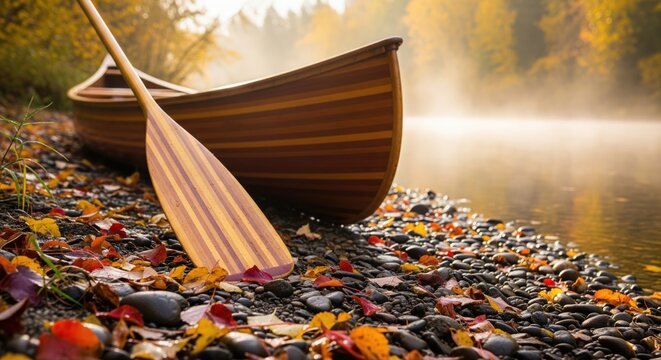 Wooden canoe and paddle on a misty riverbank during autumn