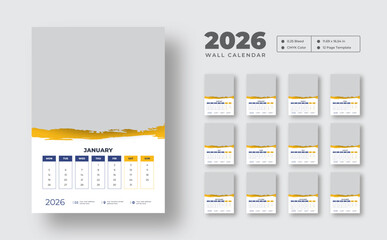 2026 wall calendar template | Clean 12-page monthly planner in vector format | Editable and printable wall design for scheduling