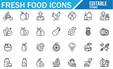 Line art icons for nutritious food, fresh produce, and healthy eating options.