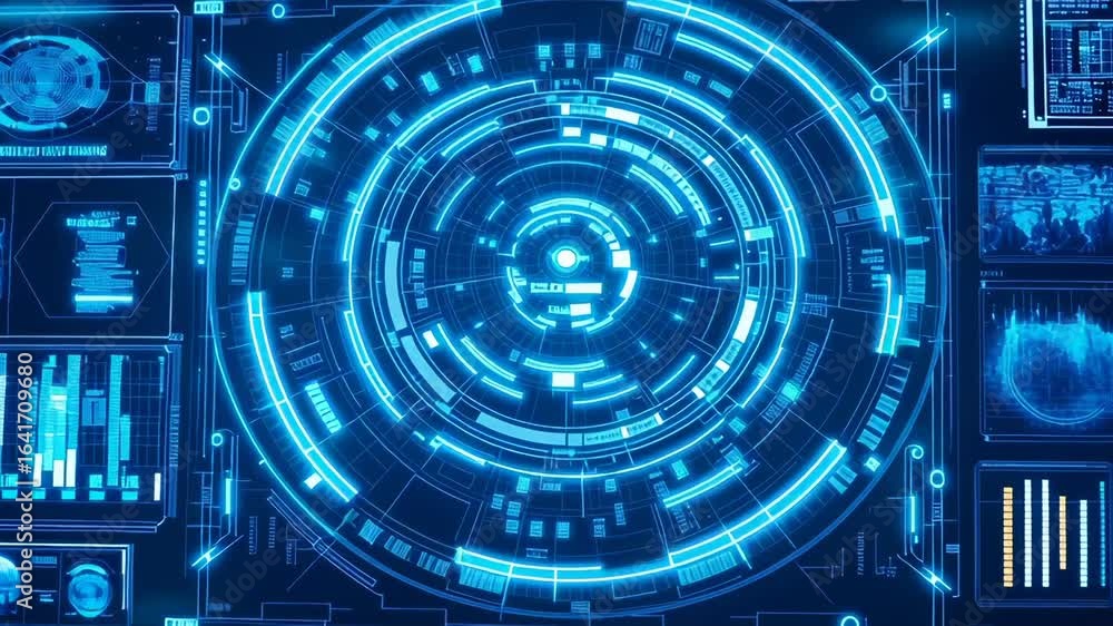Poster high-tech control center with multiple holographic displays showing complex circular data visualizat