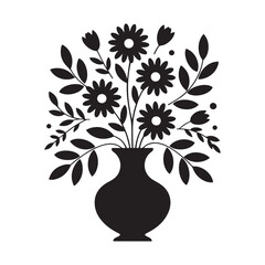 Elegant floral arrangement of daisies and leaves within a decorative black vase. Vector black silhouette. with white background.