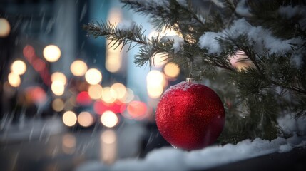 Obraz premium The beautiful red ornament glistening on a snowy winter evening.