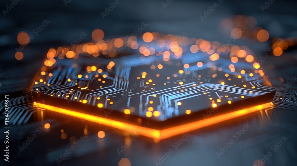 Poster abstract semiconductor processor close-up with glowing orange edges and bokeh lights for technology 