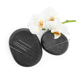 Acupuncture needles, orchid flowers and spa stones isolated on white, top view