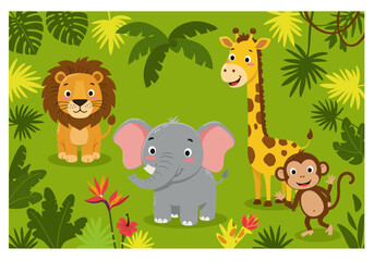Naklejka premium Joyful cartoon safari animals including a lion, elephant, giraffe, and monkey frolic amidst lush jungle foliage and vibrant tropical flowers