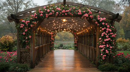 Wooden archway adorned with pink roses